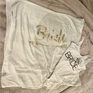 White "Bride" Swimsuit & Cover-Up Set with Gold Lettering